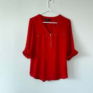 BCX Women's Red V-Neck Zip-Front Roll-Tab Sleeve Blouse Size S